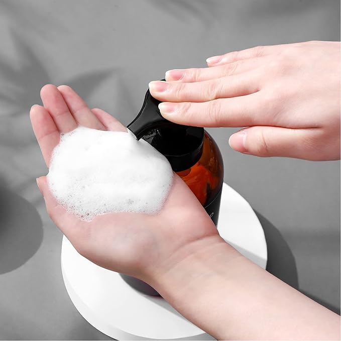 Foaming Hand Soap Dispenser Glass Jar Foam Dish Soap Dispenser for Bathroom and Kitchen Sink, Liquid Pump Bottle for Shampoo, Body Wash, Amber, 2 Pack