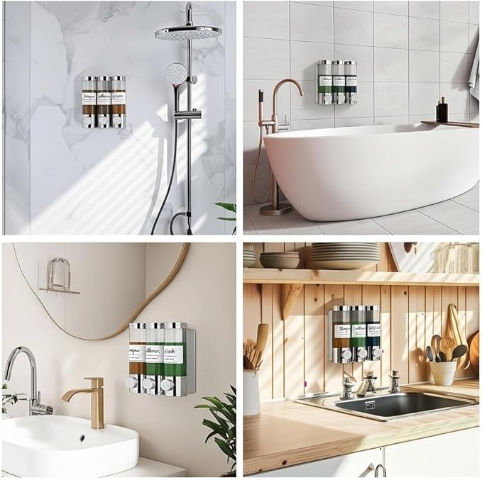 Soap Dispenser - 3 Chamber - 3x300ml - No Drill Wall Mount Bottles Organizer Toiletries for Cream Lotion Liquid Soaps Shampoo Conditioner Storage - Modern Essentials Bathroom Set - Chrome 1