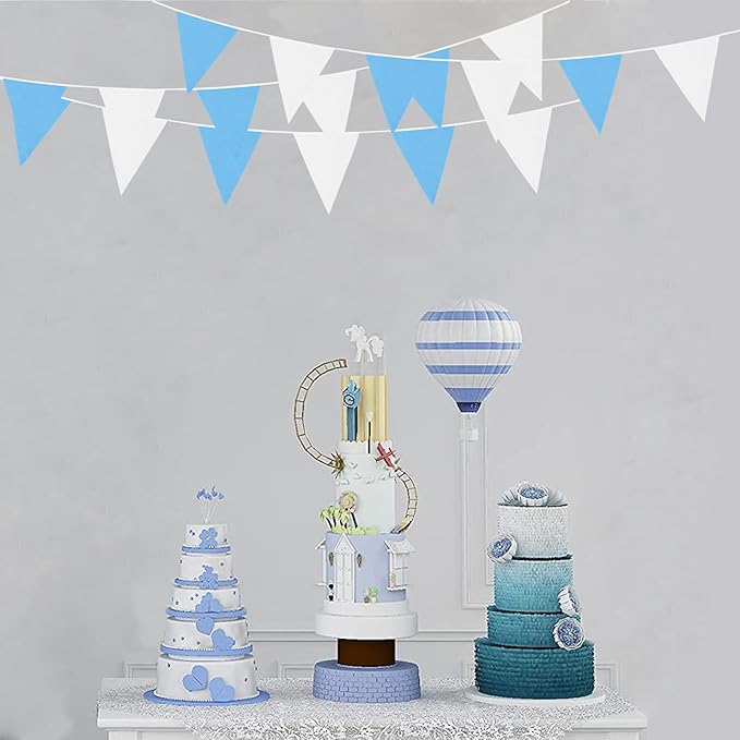 Zwiebeco 39Ft Blue White Fabric Bunting Banner Triangle Flags Party Hanging Cotton Garland Pennant for Summer Pool Seaside Beach Birthday Wedding Baby Shower Outdoor Garden Decorations 42PCS