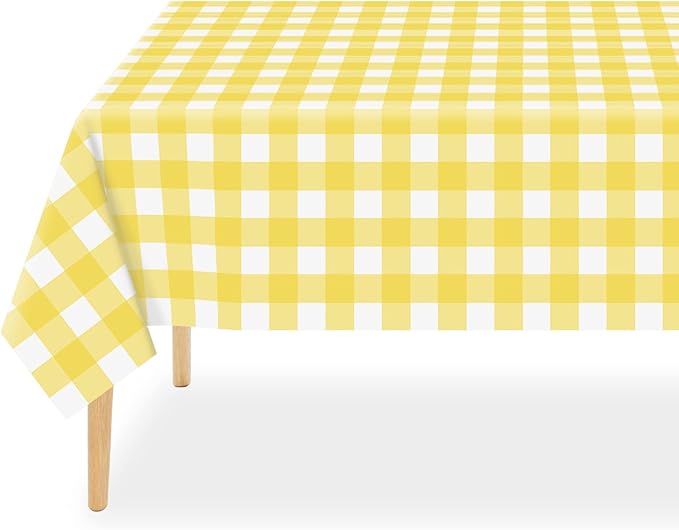QIKSION Yellow Gingham Tablecloth Disposable 3 Pack, 54 x 108 Inch Yellow and White Checkered Table Cloth for Easter Decorations, Birthday Party Supplies, Rectangle, Plastic Table Cover