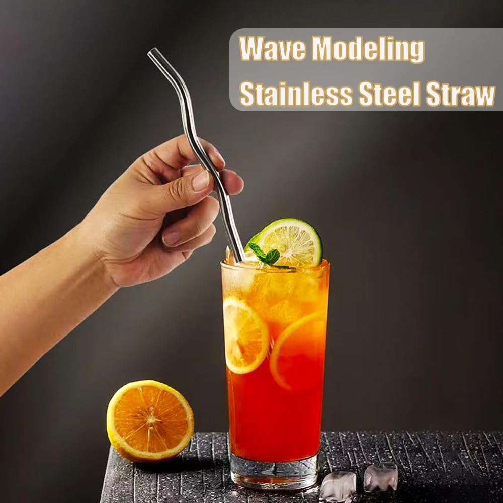 Reusable Stainless Steel Drinking Wavy Colorful Straws,With Curved Bend Metal Long Drinking Straws Set for Milkshake,Smoothie,Beverage,5 Piece