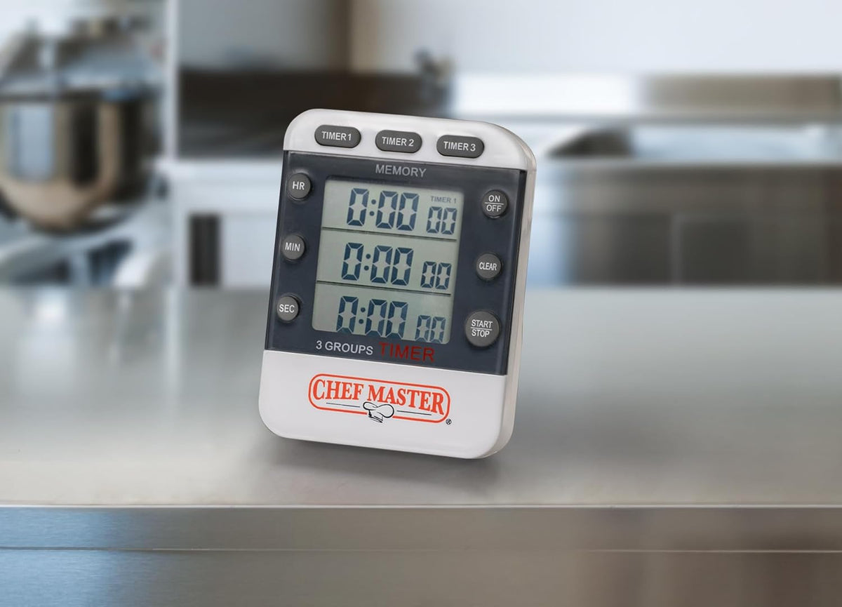 3-Channel Digital Timer by Chef Master, Triple Channel Count Up/Down Kitchen Digital Timer for Cooking, Roasting, Grilling, Marinade, Boiling, Baking