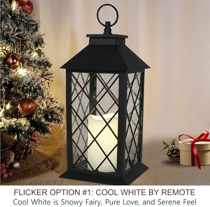 13.5" Decorative Candle Lantern with Timer Candles - IP44 Waterproof Vintage Lanterns Battery Powered LED Decorative for Wedding - Warm White Hanging Wall Lanterns