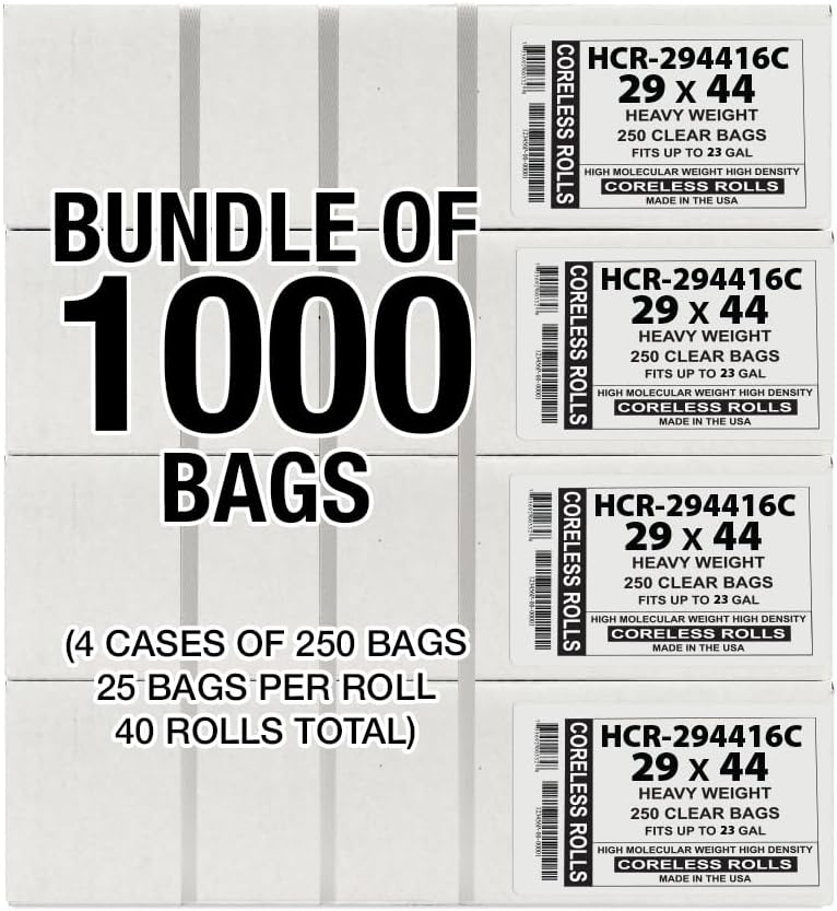 Aluf Plastics High Density Trash Bags, 26 Gallon, 1000 Count, 16 Micron (eq), 29" x 44", Clear, for Bathroom, Office, Industrial, Commercial, Janitorial, Municipal, Recycling