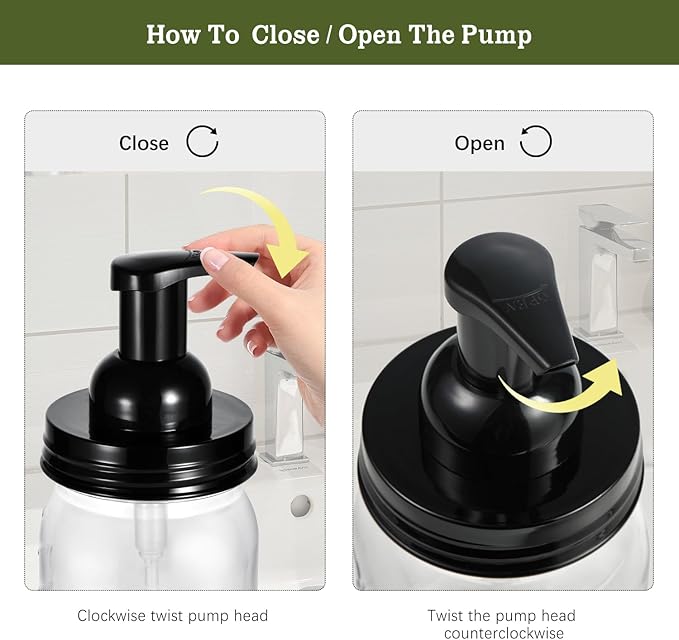 Amolliar Plastic Mason Jar Foaming Soap Dispenser with Pump Lid,16OZ Refillable Hand Soap Dispenser Set with Cute Lables - Farmhouse Decor for Kitchen/Bathroom, Lotion Liquid Dish Soap (2 Pack, Black)
