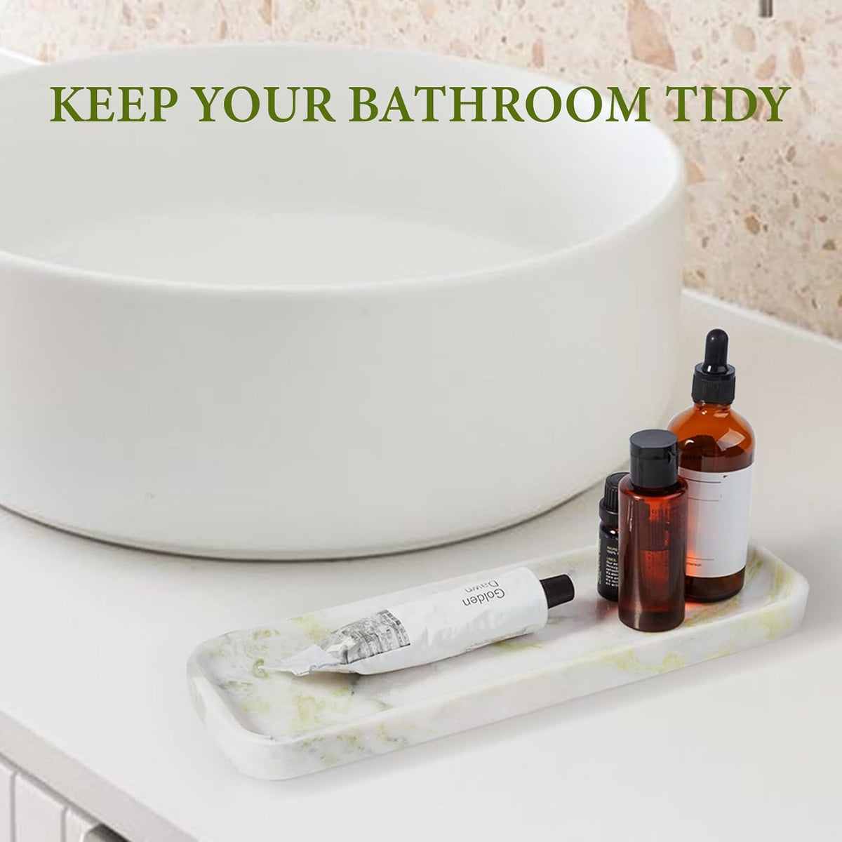 Koville Marble Tray for Bathroom Sink, 12"x4" Natural Stone Vanity Tray for Kitchen Dresser Countertop