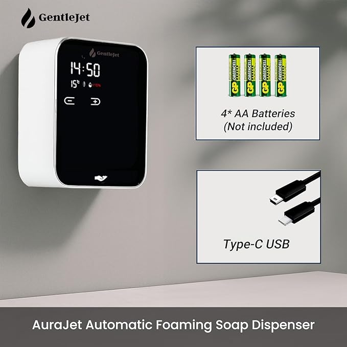 GentleJet AuraJet Automatic Foaming Soap Dispenser Wall Mount – Touchless Sensor, LED Display, 5 Foam Levels, Rechargable USB-C or Battery Powered, Aluminum Alloy, 480 ml Refillable