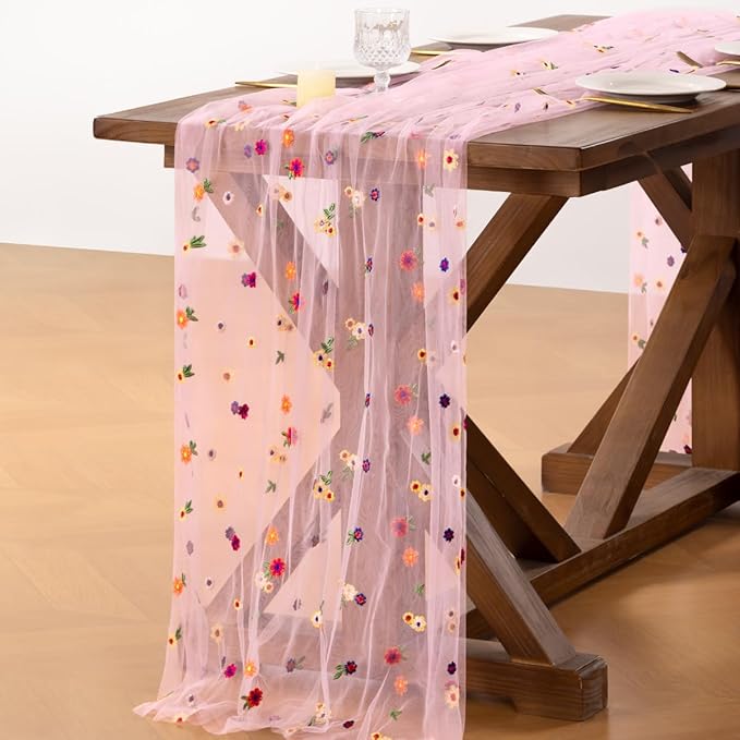 Socomi Flower Table Runner Summer Daisy Floral Tulle Gauze Cheesecloth Embroidery Table Runners for Tea Party Garden Wedding Bridal Baby Shower Birthday Picnic Decor Pink 1pc