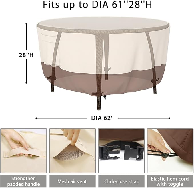 Patio Furniture Covers, Heavy Duty Round Patio Table Cover (62D x 28H Inch) Outdoor Dining & Coffee Table Cover for Veranda, Lawn, Table, Chair-Waterproof & Weather Resistant, Anti UV - Beige & Brown