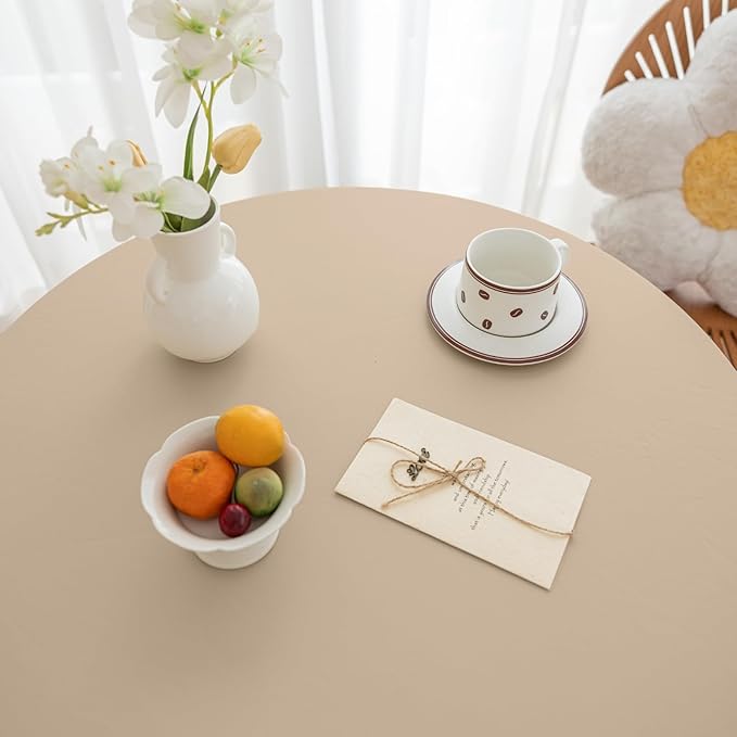 Round Fitted PU Tablecloth with High Elastic Edge 24 Inch Dia Waterproof Oil Proof Table Cloth Anti-Scald Stain-Resistant Wipeable Table Cover for Indoor Outdoor Picnic (Beige,24" Dia)