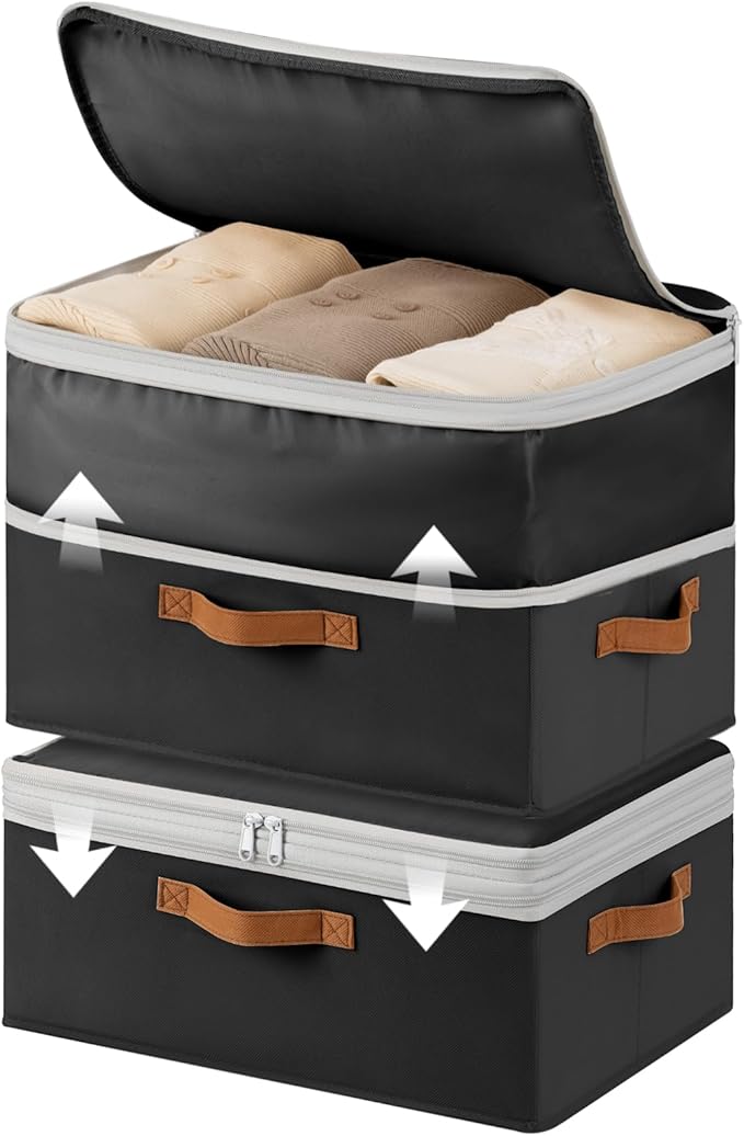 Homosorout Large Closet Storage Bins - Compression Organizer Bins, Stackable Closet Organizer, Expandable Under Bed Storage Containers for Clothes, Towels, Sheet, 2 Pack, Black