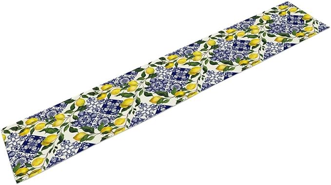 Lemon Fruit Nature Table Runner Farmhouse Talavera Ethnic Folk Rustic Watercolor Blue Dining Table Decoration for Home Holiday Party Dresser Kitchen Cabin Restaurant Wedding Decor 13×108in
