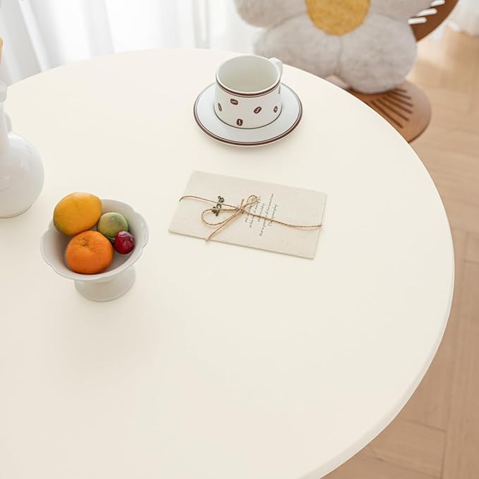 Round Fitted PU Tablecloth with High Elastic Edge 39 Inch Dia Waterproof Oil Proof Table Cloth Anti-Scald Stain-Resistant Wipeable Table Cover for Indoor Outdoor Picnic (Cream,39" Dia)