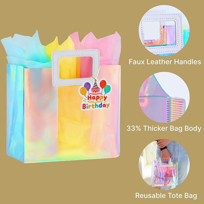 VUOJUR 11'' Medium Birthday Gift Bag with Tissue Paper and Happy Birthday Gift Tag for Girl Colorful