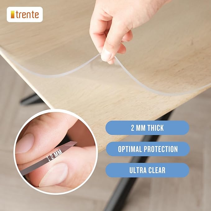 Clear Table Cover Protector, 42x66 inch, German Quality with 2 Mm Thickness, Stain Resistant Dining Pad with Beveled Edges, Washable Tablecloth, Fitted Clear Desk Cover for Indoor & Outdoor Use