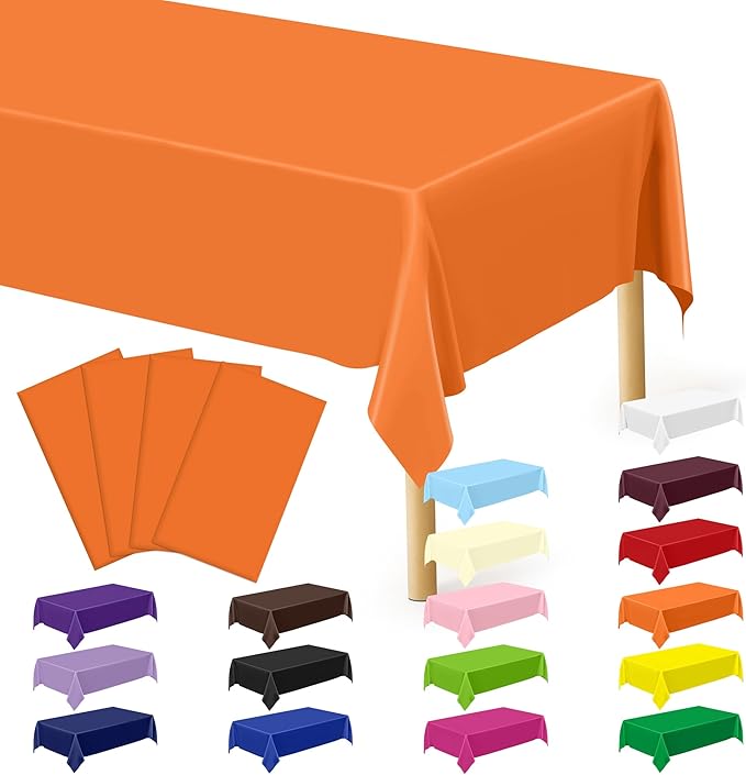 QZYL 4 PCS Table Cloth, 54" x 108" Orange Tablecloth Plastic, Multiple Colors Disposable Tablecloth for Indoor Outdoor Home Essentials, Waterproof Table Covers of Baptism Decorations Picnic Themed