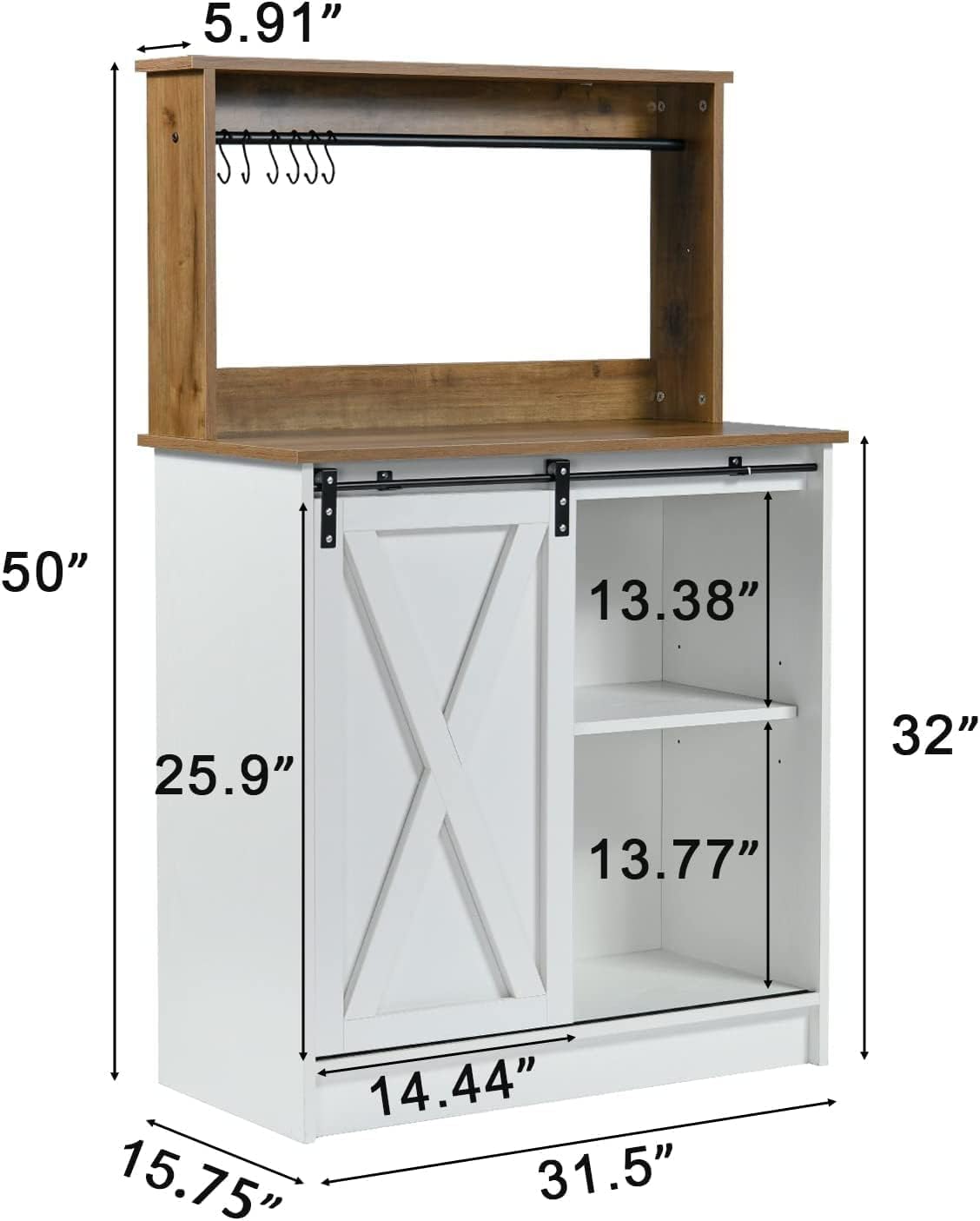 Farmhouse Coffee Bar with Hutch, White Coffee Bar Cabinet with Storage Sliding Barn Door, 31 Inch Buffet Cabinet with 6 Hooks