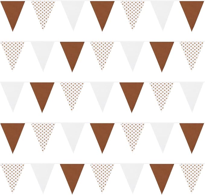 Zwiebeco 39Ft Brown White Dot Fabric Bunting Banner Triangle Flags Cotton Garland Pennant for Birthday Wedding Forest Wild One Safari Party Home Outdoor Garden Decorations