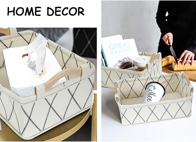 Small Storage Baskets Toy Storage Organizer Rectangle Basket Empty Gift Baskets Shelf Baskets Decorative Storage Basket With Wooden Handles for Keys Makeups Remotes Books
