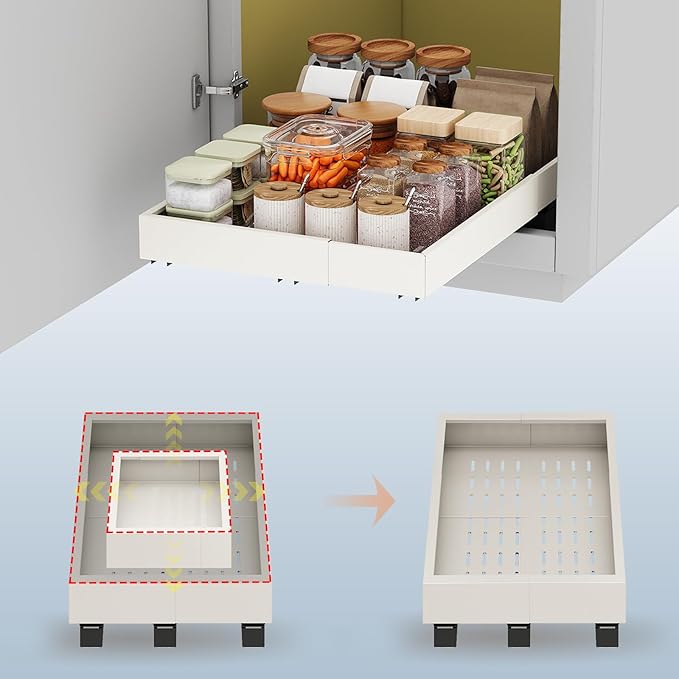 Pull out Cabinet Organizer,Expandable Width(11"-16"),Depth(17"-24") with 3 Rails,Roll out Drawers,No Drill Adjustable Slide out Shelves for Kitchen,Pantry,for Both Lip and Lip-Free Cabinets,White(1PC)