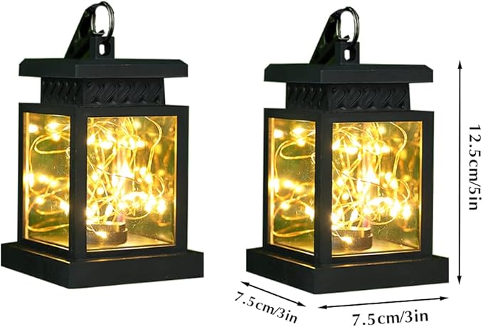 JHY DESIGN Set of 2 Black Solar Lanterns Outdoor Waterproof Solar Powered Table Lamp 5" H Hanging Lanterns with Warm LED Fairy String Lights for Patio Garden Landscape Decoration Yard Lawn（with Clamp）