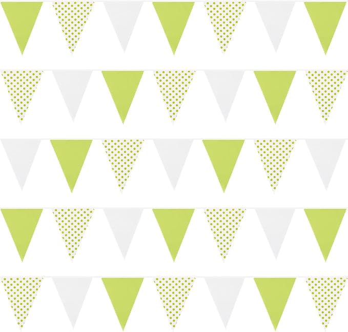 Zwiebeco 39Ft Green White Dot Fabric Bunting Banner Triangle Flags Hanging Cotton Garland Pennant for Spring Birthday Wedding Baby Shower Tea Party Classroom Nursery Garden Decorations