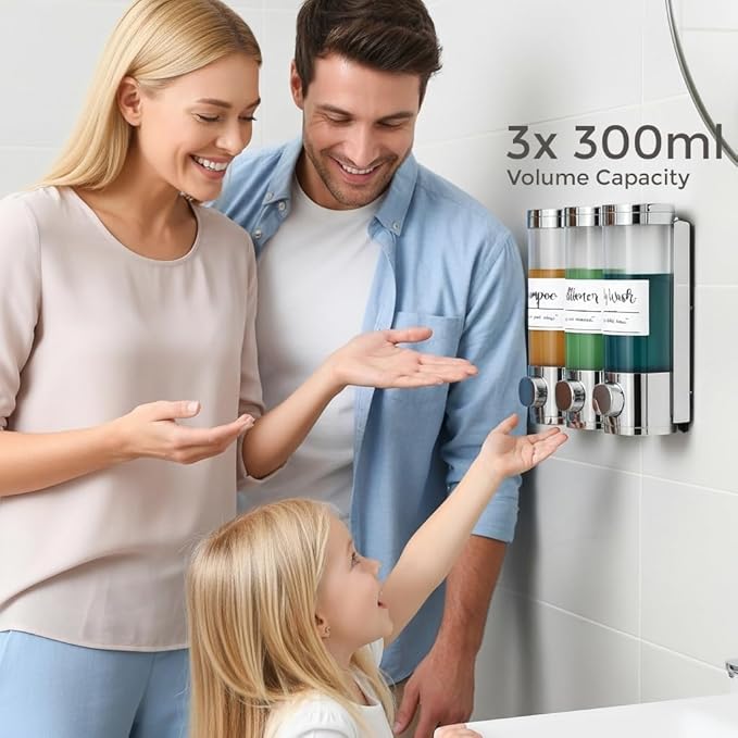 Soap Dispenser - 3 Chamber - 3x300ml - No Drill Wall Mount Bottles Organizer Toiletries for Cream Lotion Liquid Soaps Shampoo Conditioner Storage - Modern Essentials Bathroom Set - Chrome 1