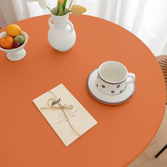 Fall Round Fitted PU Tablecloth with High Elastic Edge 43 Inch Dia Waterproof Oil Proof Table Cloth Anti-Scald Stain-Resistant Wipeable Table Cover for Indoor Outdoor Picnic (Orange,43" Dia)