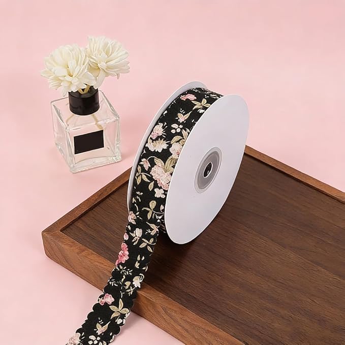 10 Yards 1.5 Inch Spring Summer Flower Floral Printed Ribbons Bloom Black Wavy Edge Trim Scalloped Print Chiffon Trims Polyester Fabric Grosgrain Ribbon for Sewing Making Crafts DIY Wedding