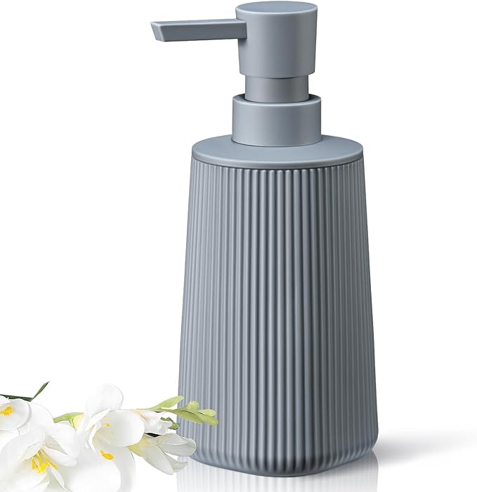 Gray Hand Soap Dispenser with No Rust Pump for Bathroom and Kitchen Countertops Refillable Striped Matte Plastic 8.5 oz