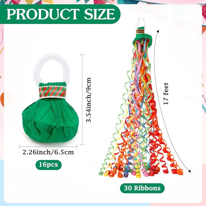 16Pack No Mess Streamers, Green Hand Thrown Streamer Poppers, No Mess Confetti Poppers, Party Poppers with Ribbons, Confetti Streamers for Birthday, Wedding, Celebrations, Graduation, Party Favors