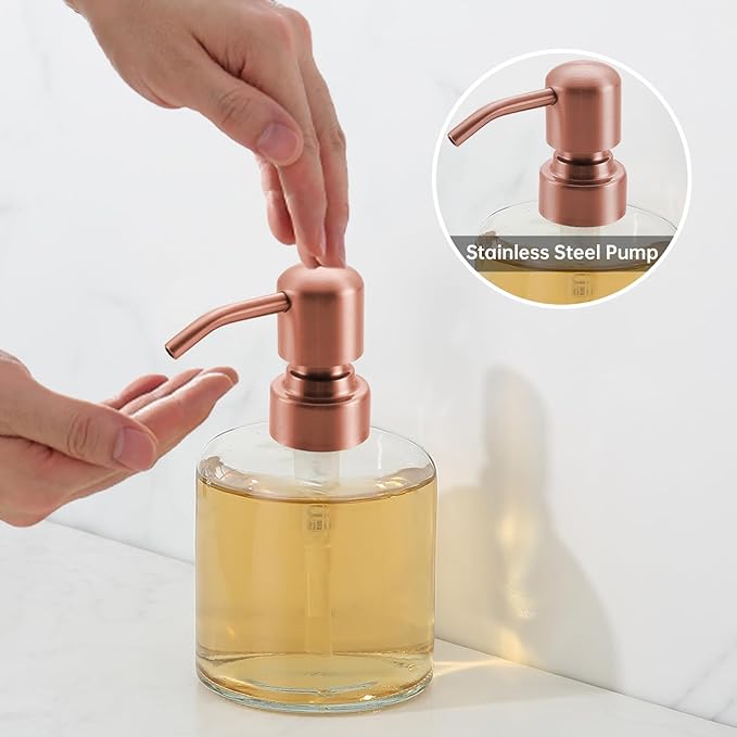 Clear Glass Soap Dispenser, 11 Oz Boston Round Bottle Dispenser with Stainless Steel Pump, Refillable Kitchen & Bathroom Countertop Dish Soap Dispenser, red Bronze