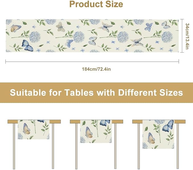 Hydrangea Butterfly Table Runner, Seasonal Spring Summer Table Runner for Holiday Kitchen Dining Home Party Outdoor 13x108in