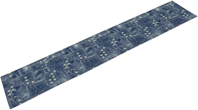 Patchwork Table Runner, Vintage Romance Jeans Pentagram Splicing Print Table Runner for Kitchen Dining Picnic Coffee Home 13x120in