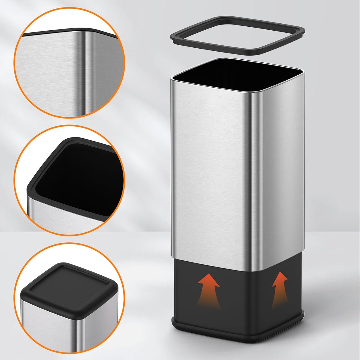 Mbillion 3.2 Gal (12L) Stainless Steel Open - Top Trash Can with Removable Inner Bucket - Sleek Metal Waste Basket for Bathroom Office, Brushed Steel