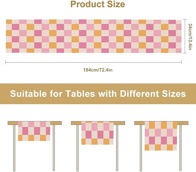 Pink Checkered Table Runner, Vintage 70s Abstract Cute Modern Hippie Table Runner for Party Kitchen Dining Home Outdoor 13x108in