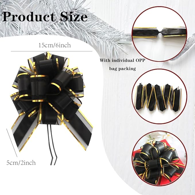 HQJAXJ 6 Pieces Black Bows for Gift Wrapping Pull Bow Ribbon Pull Bows for Christmas Wedding Baskets Valentine's Day Bows 6 inch Pull Bow for Gift Wrapping (Black)
