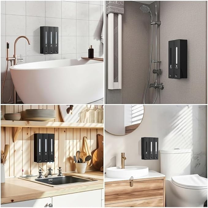 Soap Dispenser - 3 Chamber - 3x400ml - No Drill Wall Mount Bottles Organizer Toiletries for Cream Lotion Liquid Soaps Shampoo Conditioner Storage - Modern Essentials Bathroom Set - Gunmetal 2