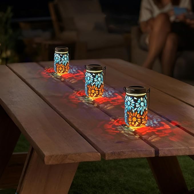 Starsoul 2 Pack Solar Lanterns Outdoor Waterproof, Mosaic Flowers Glass Solar Hanging Outdoor Lights, Decorative Solar Lantern for Outside Pathway Patio Porch Yard Decor