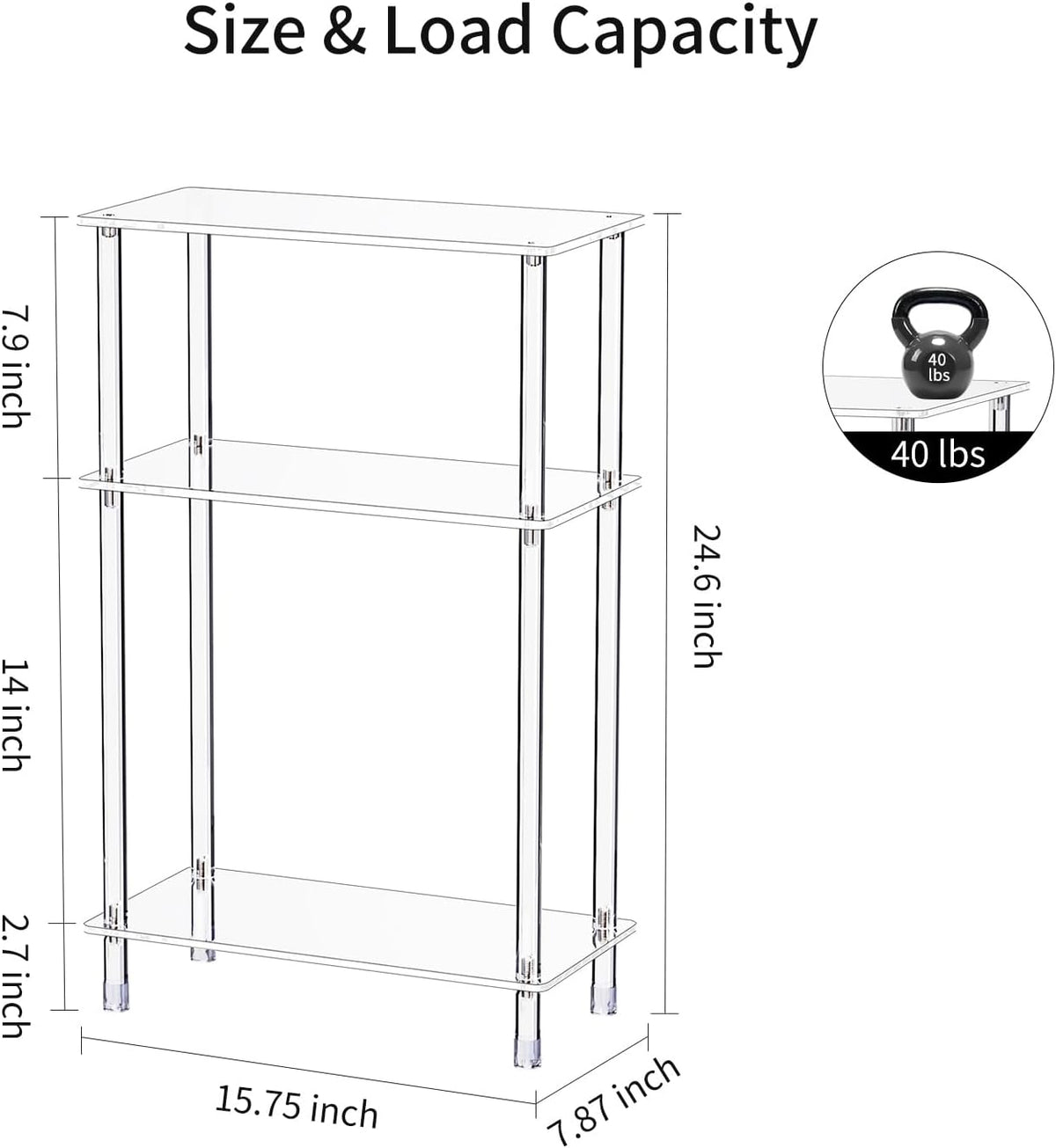 Clear Acrylic Narrow Side Table Set of 2 for Small Spaces, 15.75" L x 7.87" W x 24.6" H, 3 Tier Rectangle Slim End Table Nightstand, Small Bedside Table for Bedroom, Bathroom, Living Room
