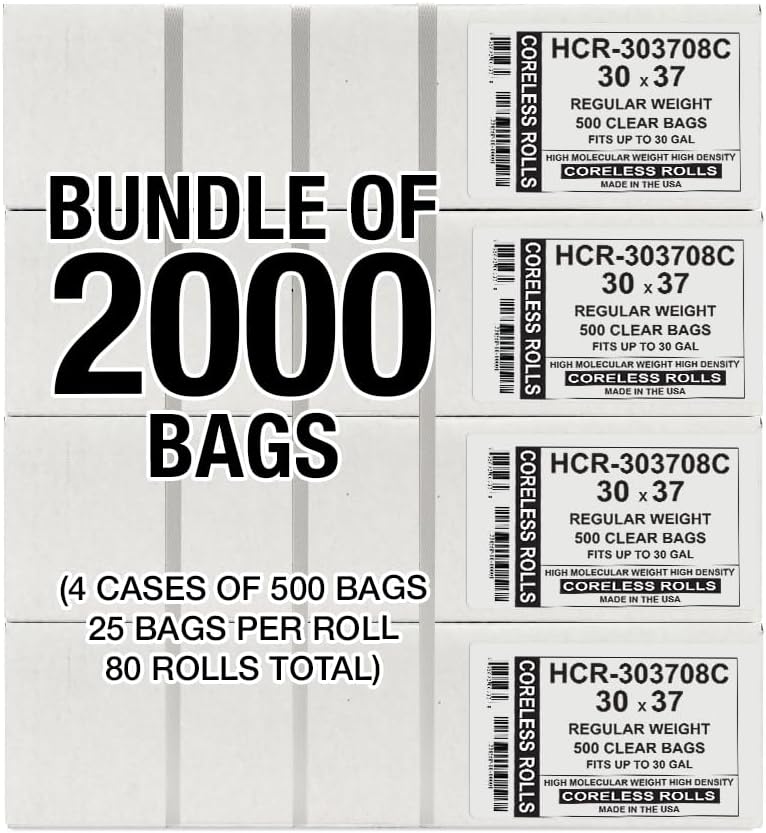 Aluf Plastics High Density Trash Bags, 30 Gallon, 2000 Count, 8 Micron (eq), 30" x 37", Clear, for Bathroom, Office, Industrial, Commercial, Janitorial, Municipal, Recycling