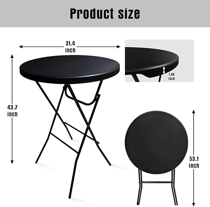 32in Cocktail Table, Folding Round High Top Indoor Outdoor Use, Foldable Bar Height Table for Parties and Commercial Events (Black, 2 Pcs)