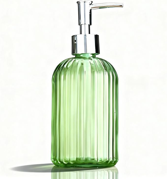 Green Glass Soap Dispenser: 400ml 13.5Oz Refillable Hand Soap Dispenser with Pump for Kitchen Bathroom Shower, Decorative Modern Liquid Soap Dispenser for Dish, Hand Soap, Body Wash, Lotion