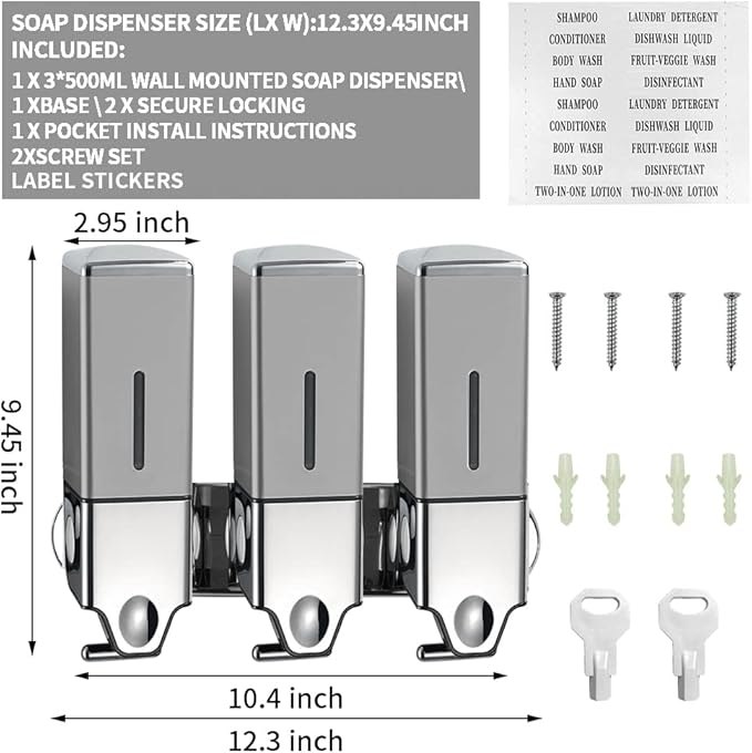 3 x 500ml per Cup Wall Mounted Manual Soap Dispenser for Home, Bath, Kitchen, Hotels, Restaurants. Shower and Lotion (Grey), Grey,transparent