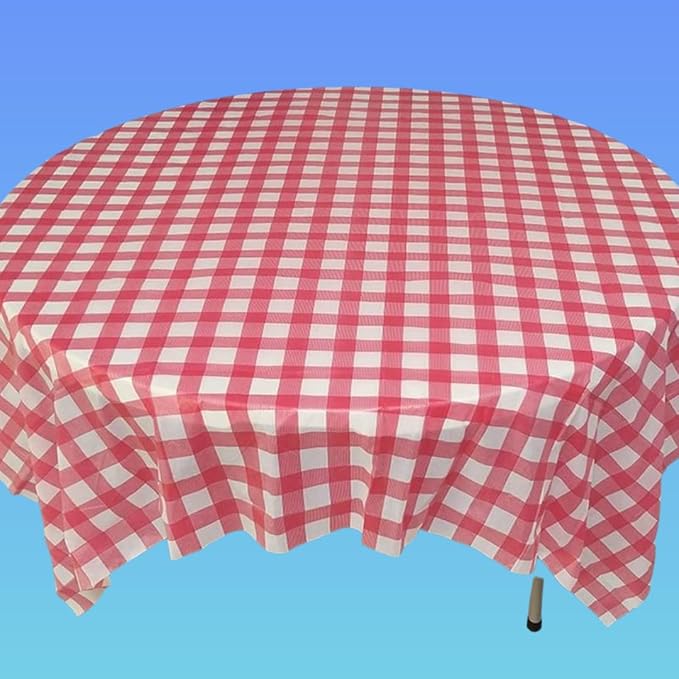 Oojami Pack of 4 Round Checkered Tablecloth - Red & White Plastic Disposable Table Covers for Parties and Events - 78" Diameter