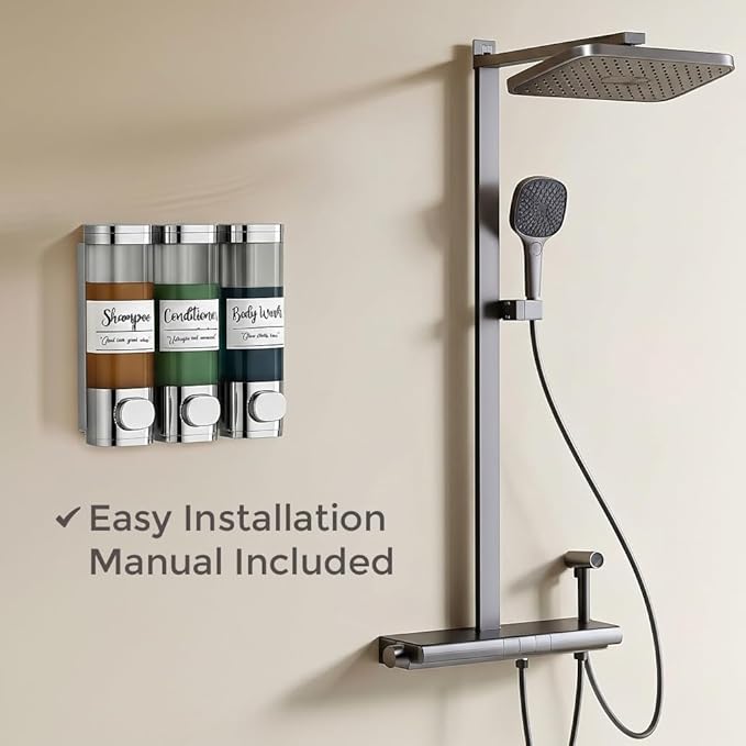 Soap Dispenser - 3 Chamber - 3x300ml - No Drill Wall Mount Bottles Organizer Toiletries for Cream Lotion Liquid Soaps Shampoo Conditioner Storage - Modern Essentials Bathroom Set - Chrome 1