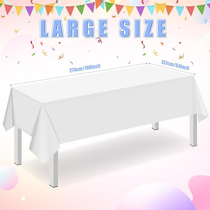 16 Pack White Plastic Tablecloth for Rectangle Tables, Premium Decorative White Disposable Table Cloths for Parties, Bulk Rectangle Party Table Cover for Birthday, Wedding, Anniversary, 54 x 108 Inch