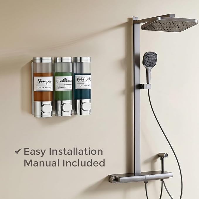 Soap Dispenser - 3 Chamber - 3x300ml - No Drill Wall Mount Bottles Organizer Toiletries for Cream Lotion Liquid Soaps Shampoo Conditioner Storage - Modern Essentials Bathroom Set - Silver 1