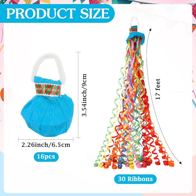 16Pack No Mess Streamers, Blue Hand Thrown Streamer Poppers, No Mess Confetti Poppers, Party Poppers with Ribbons, Confetti Streamers for Birthday, Wedding, Celebrations, Graduation, Party Favors