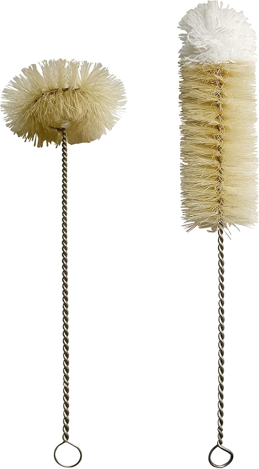 Coralpearl Bottle Brushes Thin Long Handle X 2, Skinny Wire Cleaner Set in Stainless Steel with Natural Boar Bristle at Wool Tip
